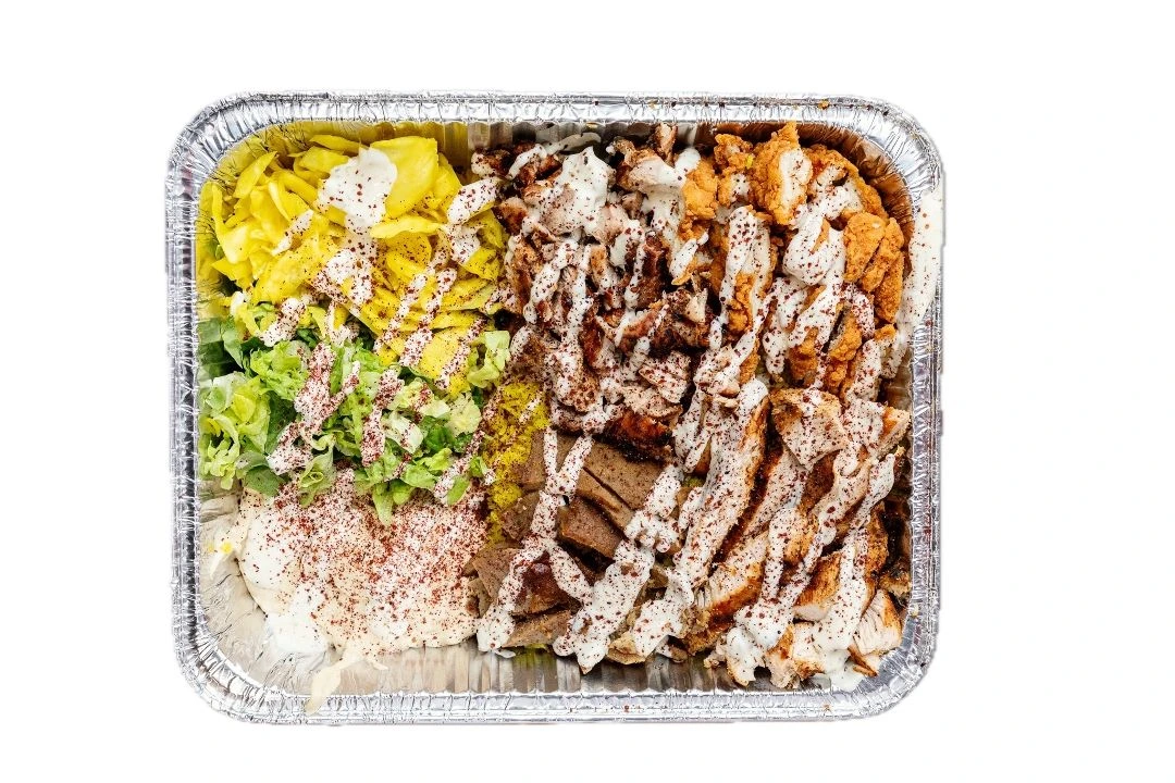 The Platter - 4 servings of protein over rice with sides