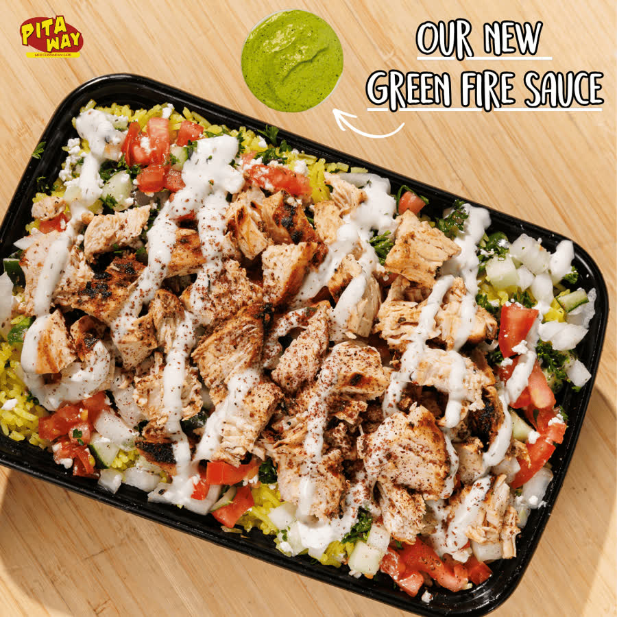 Pita Way bowl topped with our new Green Fire Sauce